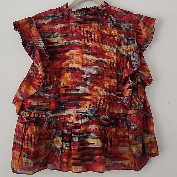 Chufy Red Ellis Gone Jammin Silk Blend Babydoll Ruffle Sleeves Blouse Top L (T20 - Picture 5 of 7